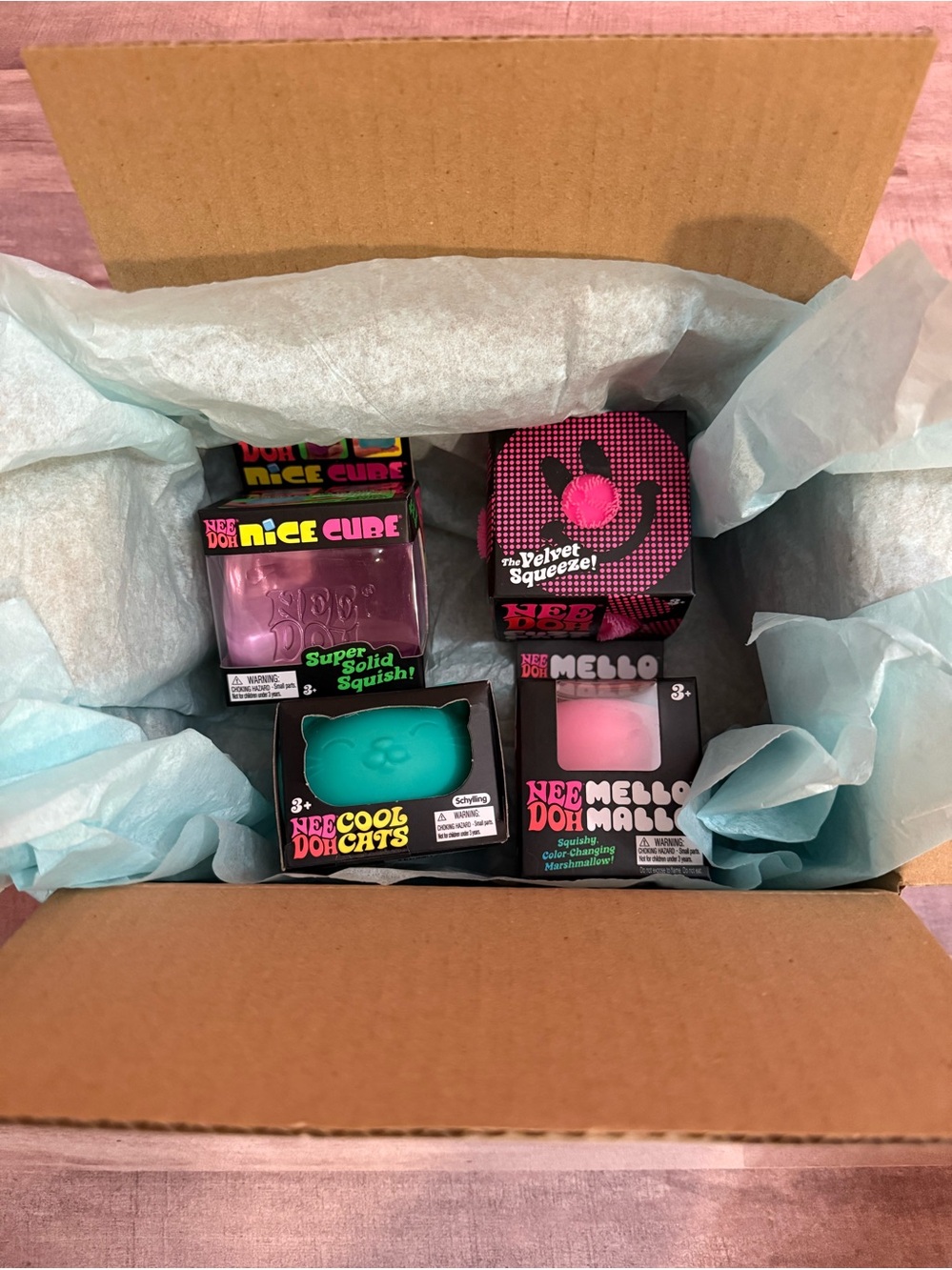 Schylling NeeDoh Bundle! Cool Cat, Mello Mallo, Flower Power Fuzzball, Nice Cube